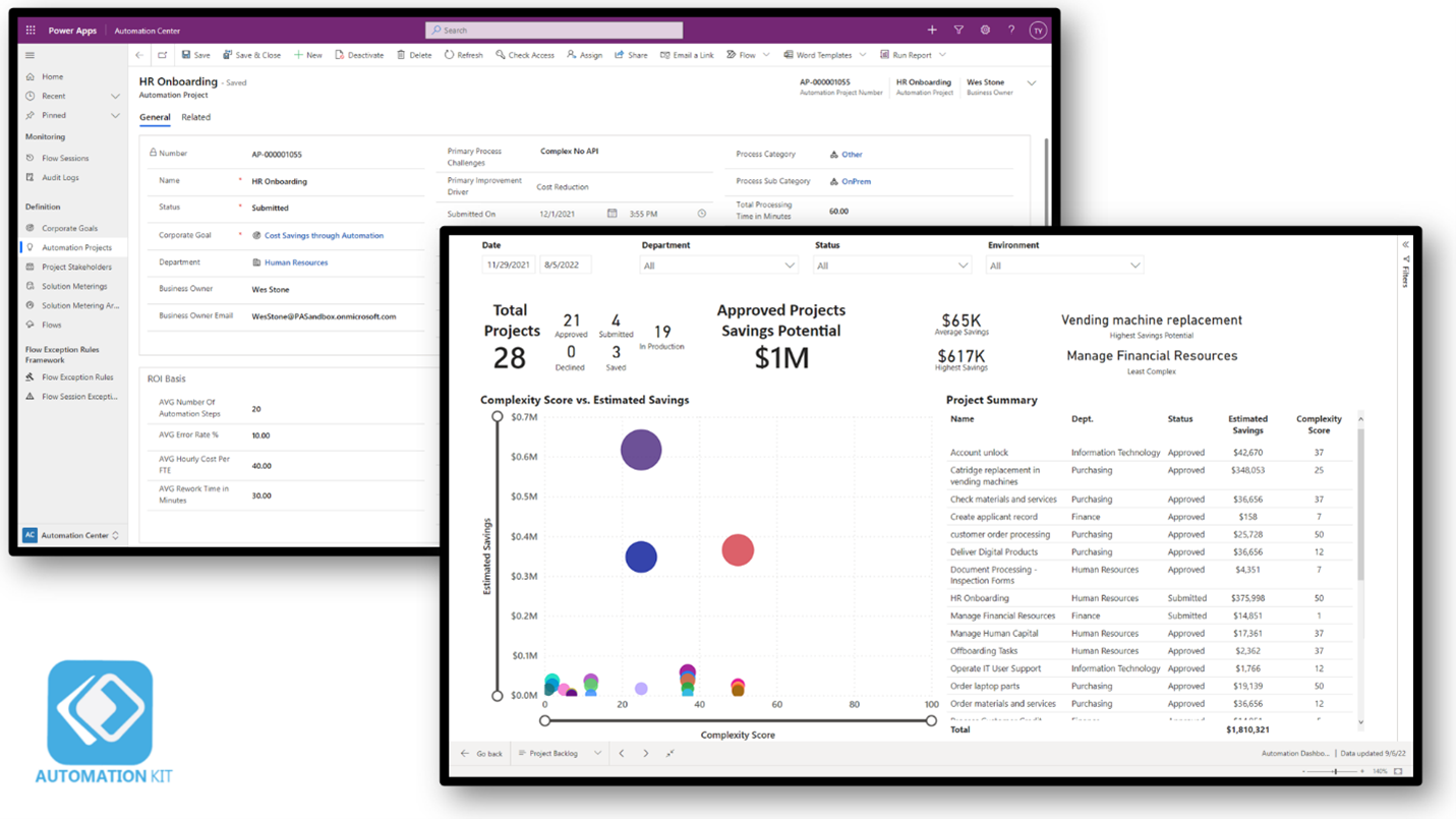 Two Power Apps screens showing the automation kit dashboard and customization screen areas