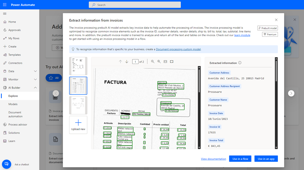 Screen that shows how AI Builder can extract common fields and line items from an invoice out of the box