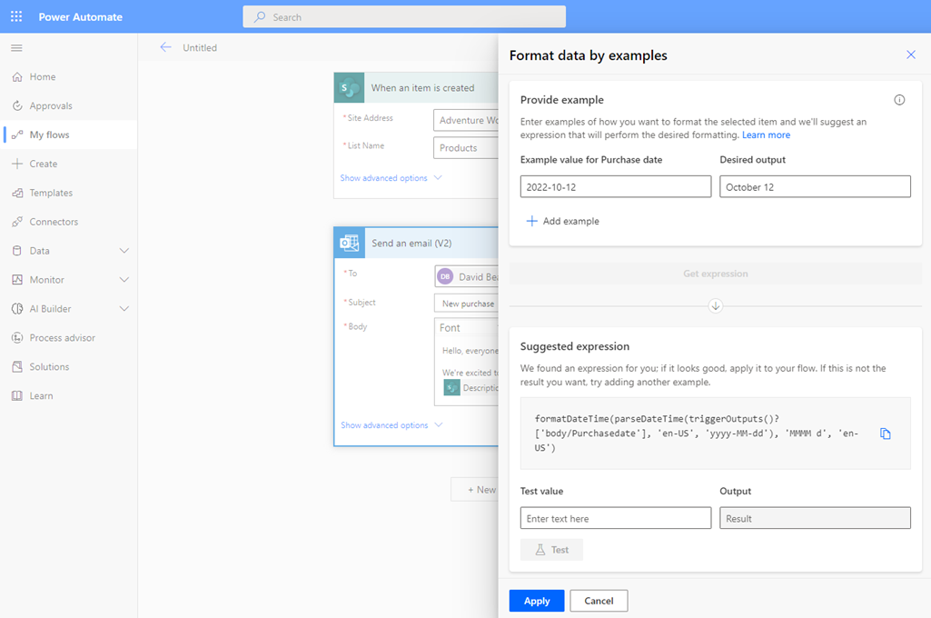 Screen shows how an expression to format a date is generated by just providing one example pair of incoming and desired output format date.