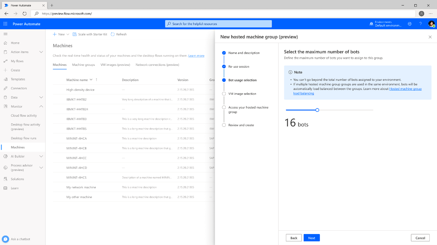 Screenshot of Power Automate hosted machine group setup including user selection of the maximum number of bots allowed for the machine group.
