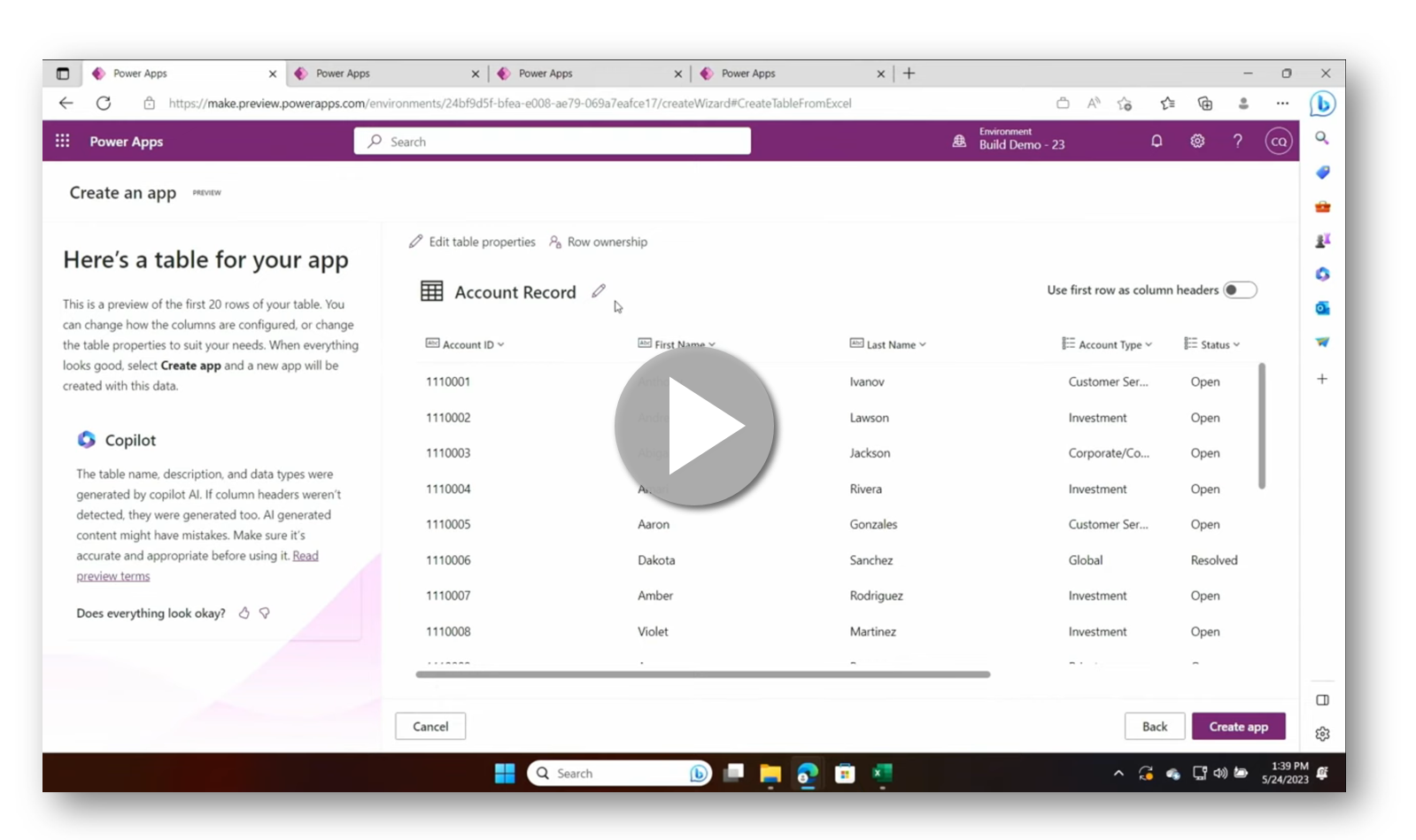 Power Apps Copilot Excel to App demo video link