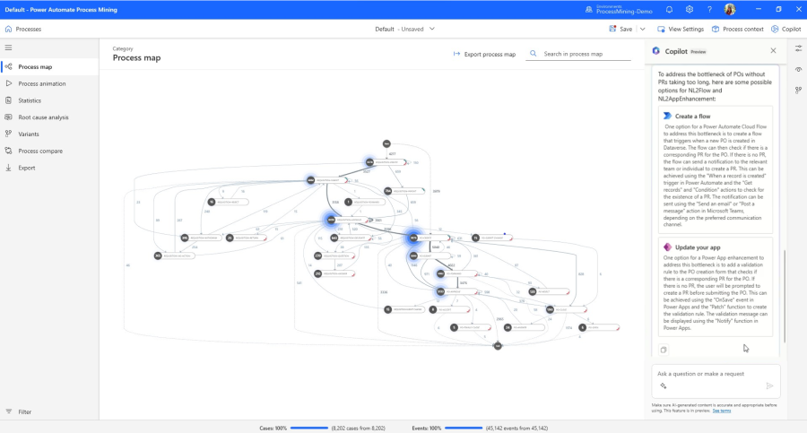 Desktop application representing a process map with activities and sequence lines of those activities. Copilot has surfaced recommendations for addressing bottleneck through a Power Automate “create a flow” card and an Power App “update your app” card