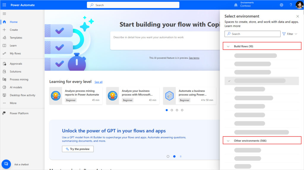 Home page showing Environment Picker grouping