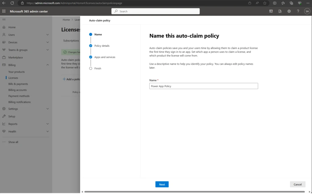 As a first step , Name an auto claim policy by going to the to the Billing > Licenses page, then selecting the Auto-claim policy tab. Select Add a policy and On the Name this auto-claim policy page, enter a name for the policy, then select Next.