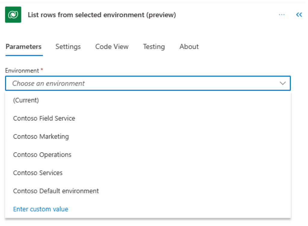 A screenshot showing the Environment parameter and List rows from selected rows (preview) action.