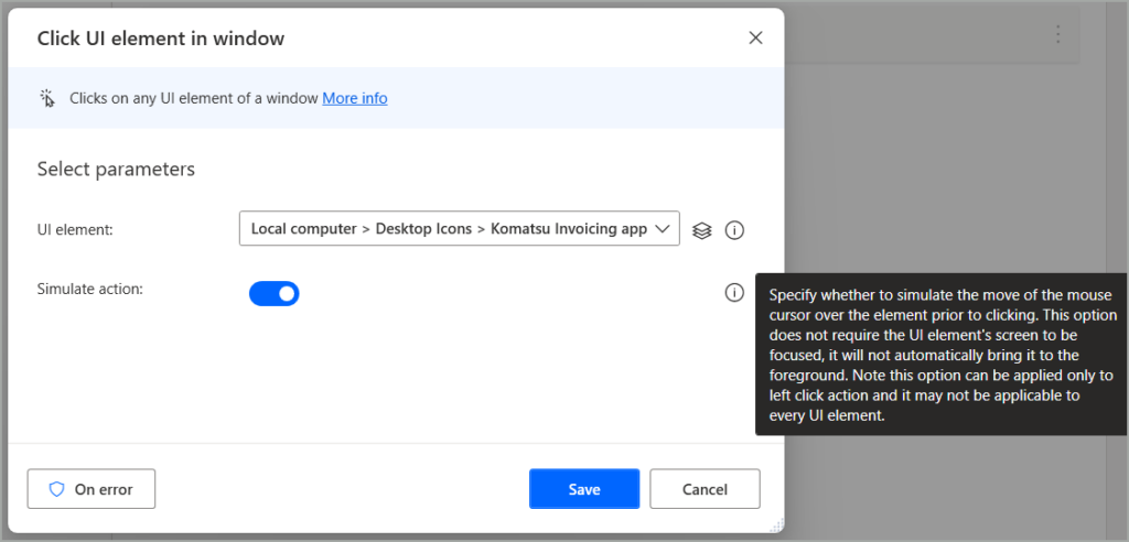 'Simulate action' parameter
