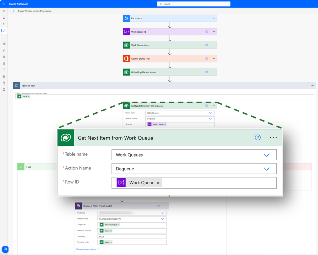 Showing a cloud flow designer with work queue actions