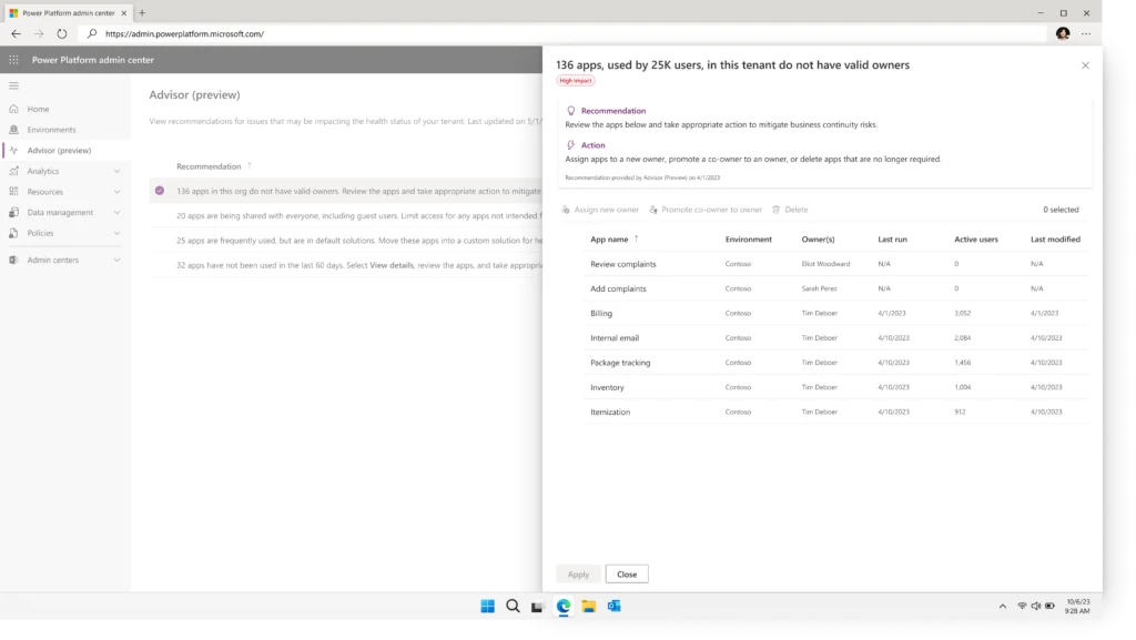 View of Power Platform admin center in browser showing the Advisor (preview) screen with information for admin.