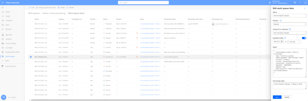 Showing work queue item list page with an opened edit side-panel