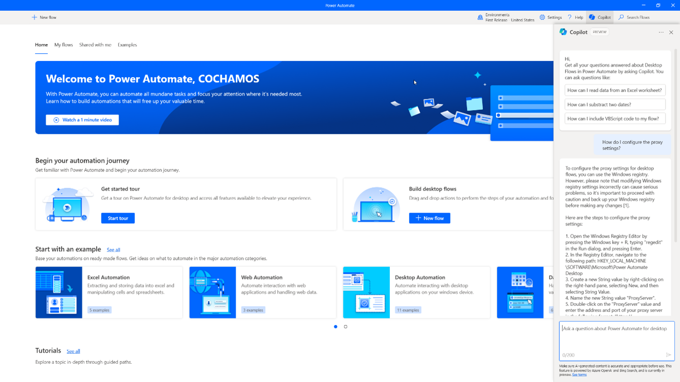 This image illustrates the Power Automate for desktop console window with the Copilot pane opened on the right side of the screen. The user has asked a question about how to configure the proxy settings and Copilot has provided instructions.