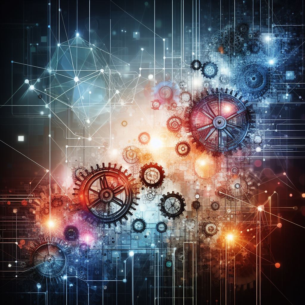 An AI-generated scene of app modernization. It features Victorian-style gears in a space field and geometric shapes.