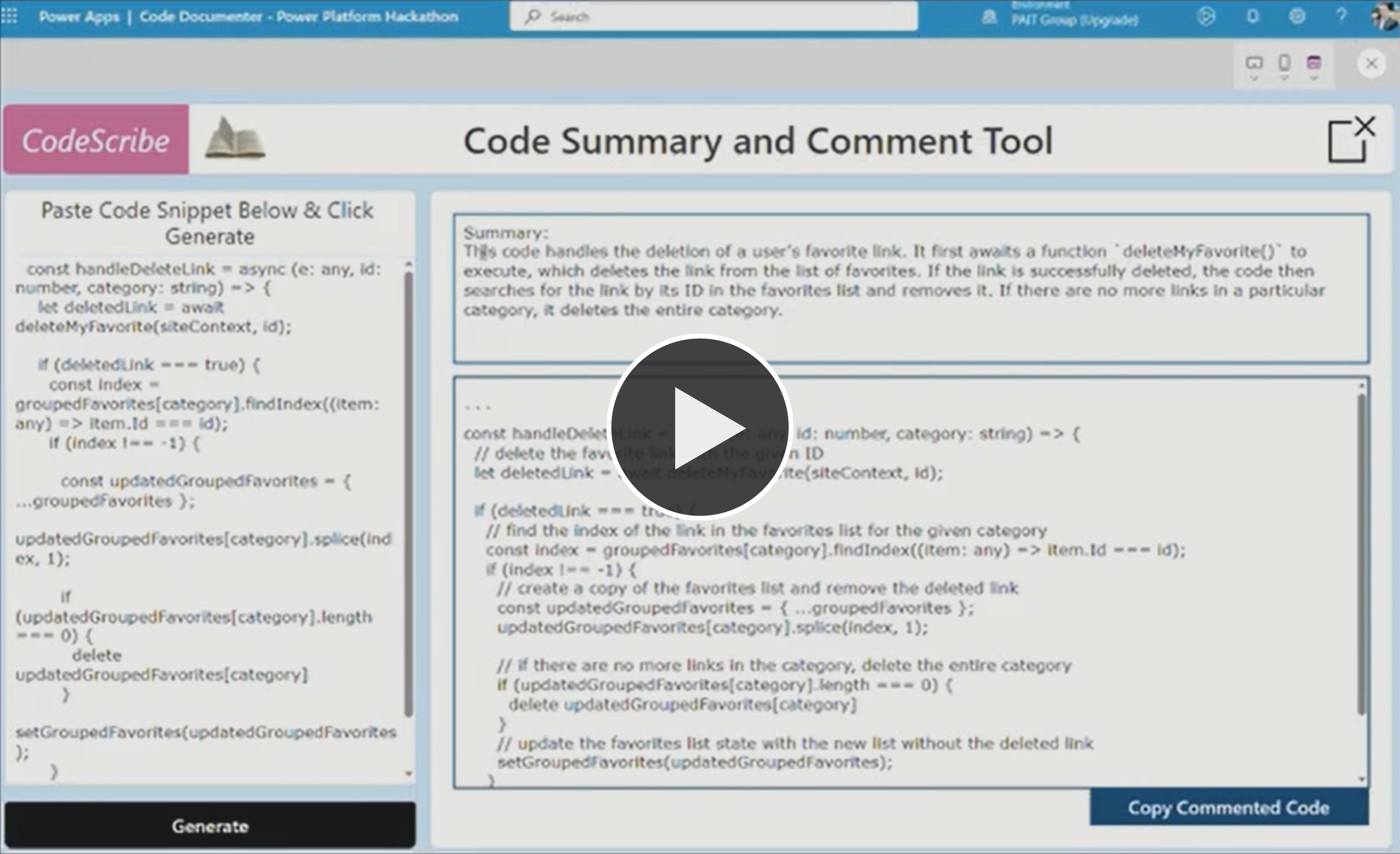 Developers can perform code reviews instantly by entering code snippets into a Power Apps canvas app and Azure OpenAI will summarize the code.