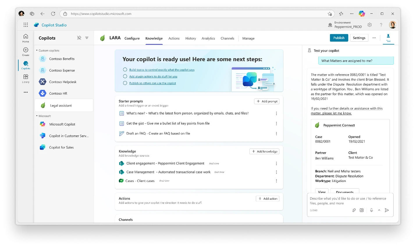 Screenshot of testing Copilot responses to custom connector.