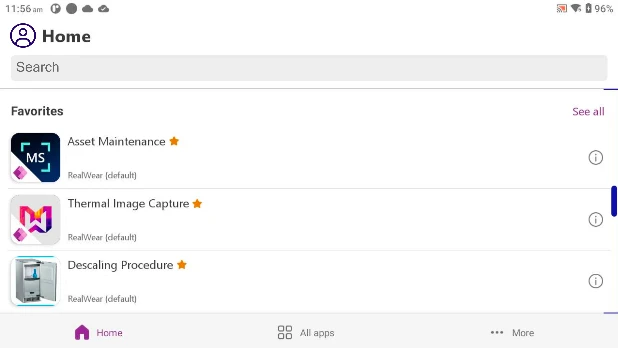 View through the RealWear devices showing the list of applications built with Microsoft Power Apps available to them.