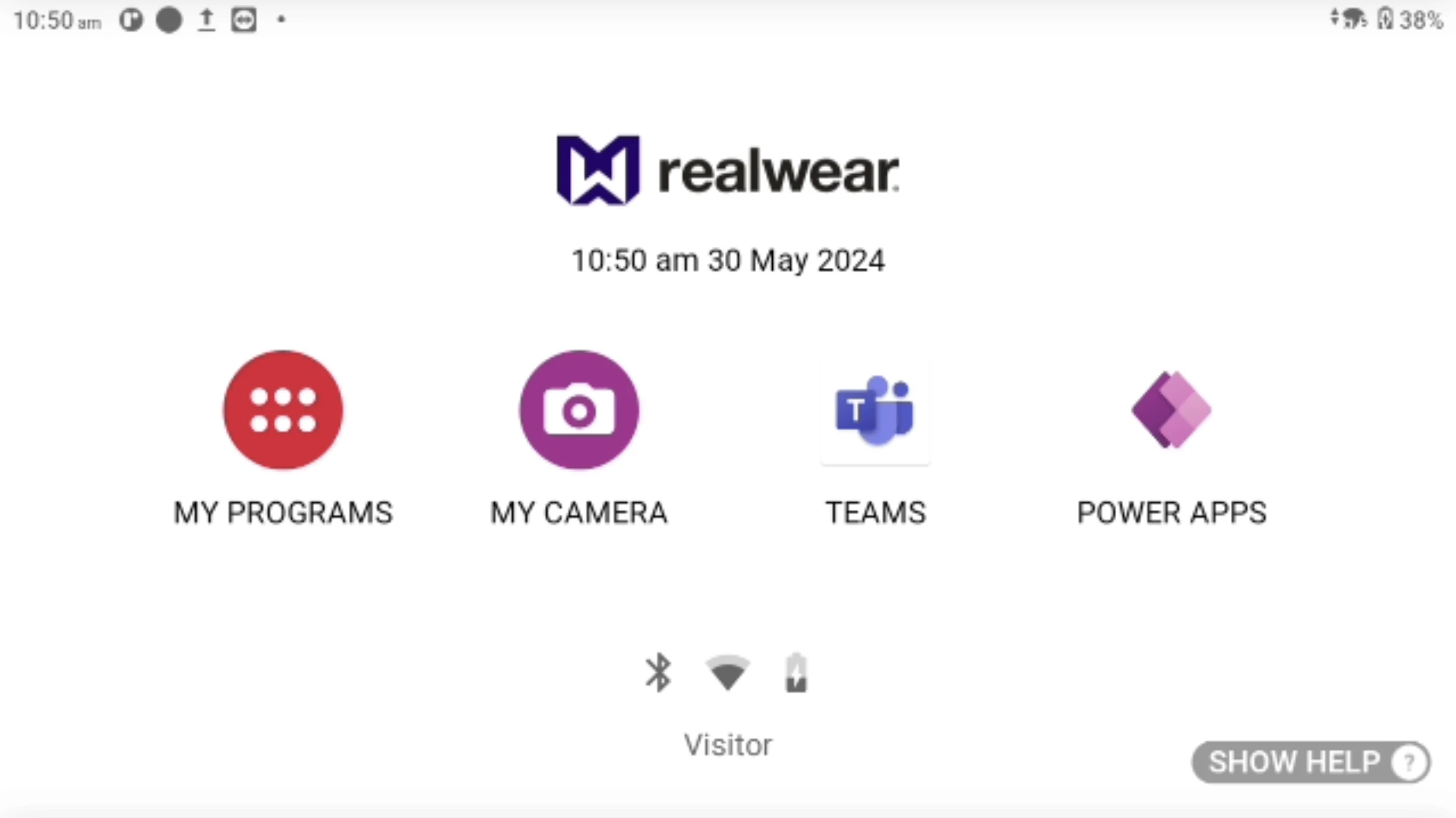 View through the RealWear device showing the menu of applications that the user can select using voice commands.