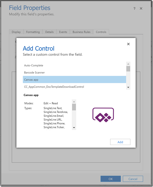 Configure the properties of the field or Sub-Grid control to use the Canvas app control