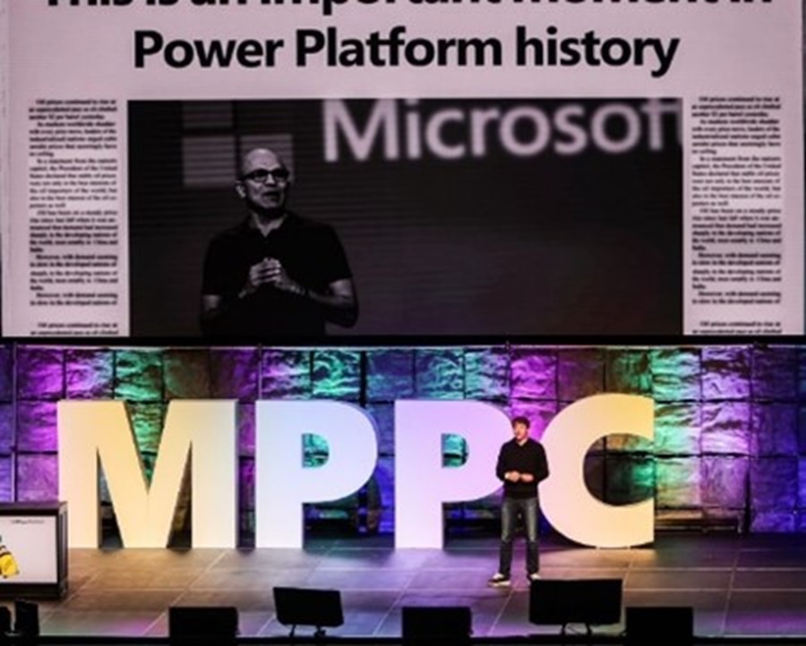 Charles Lamanna on stage giving his keynote speech at the 2023 Power Platform Community Conference.