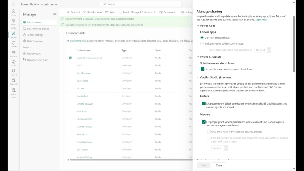 Manage section for sharing in Power Platform Admin center