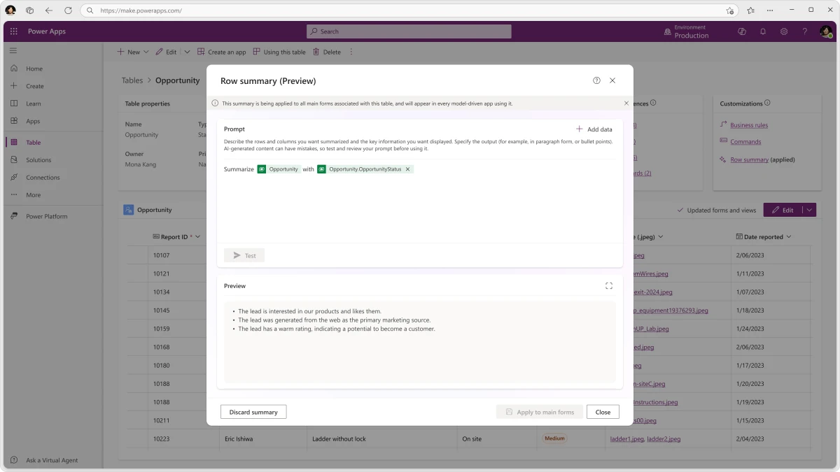 A maker adds a custom prompt to a summary card for their app in Power Apps Studio.