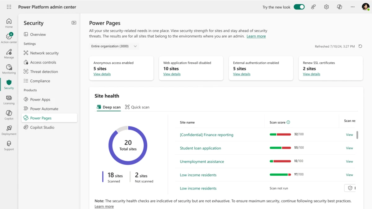 A screenshot of the Power Pages page of the Power Platform admin center displaying stats on your site health and scans that can be run.