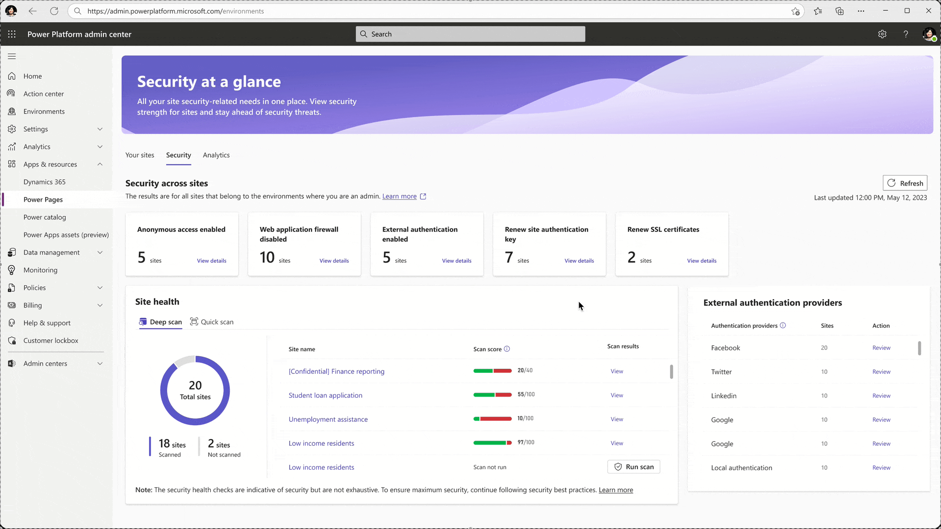 A GIF showing capabilities such as Renew site authentication key, Run a scan on site health, and Renew SSL certificates. 