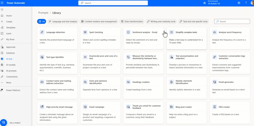 Image of prompt library feature in AI Biulder