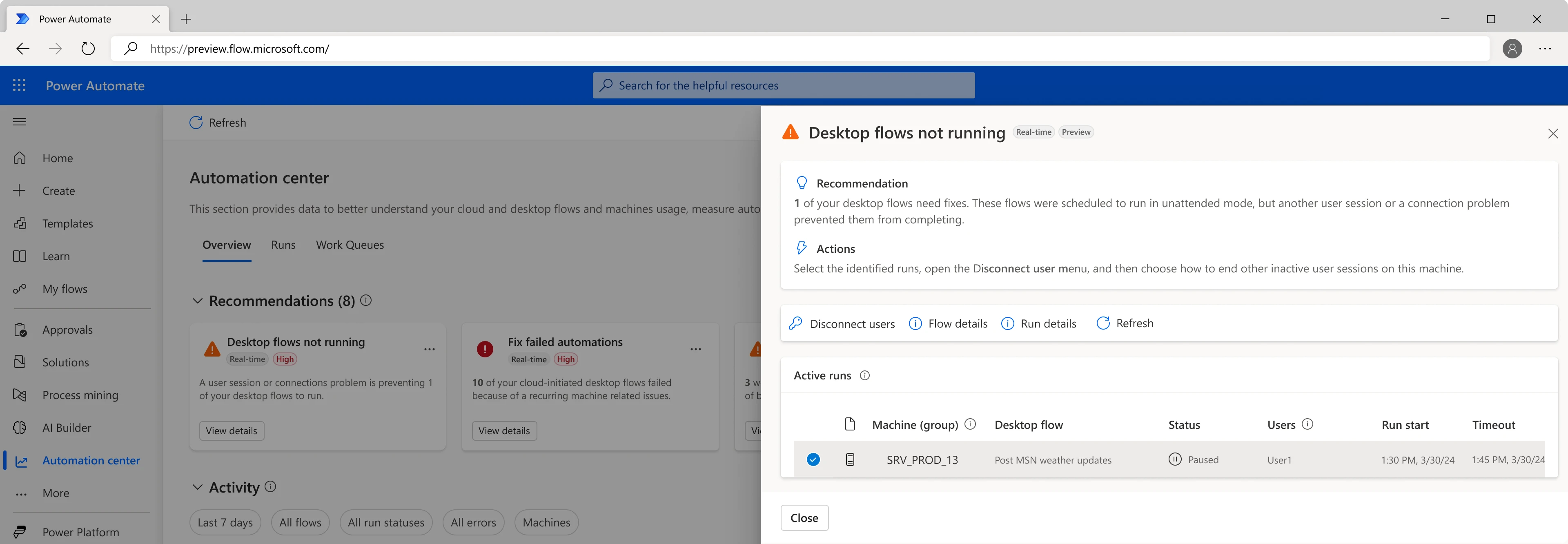 A screenshot of desktop flow orchestration repair request where disconnected or lock user sessions can be logged-off
