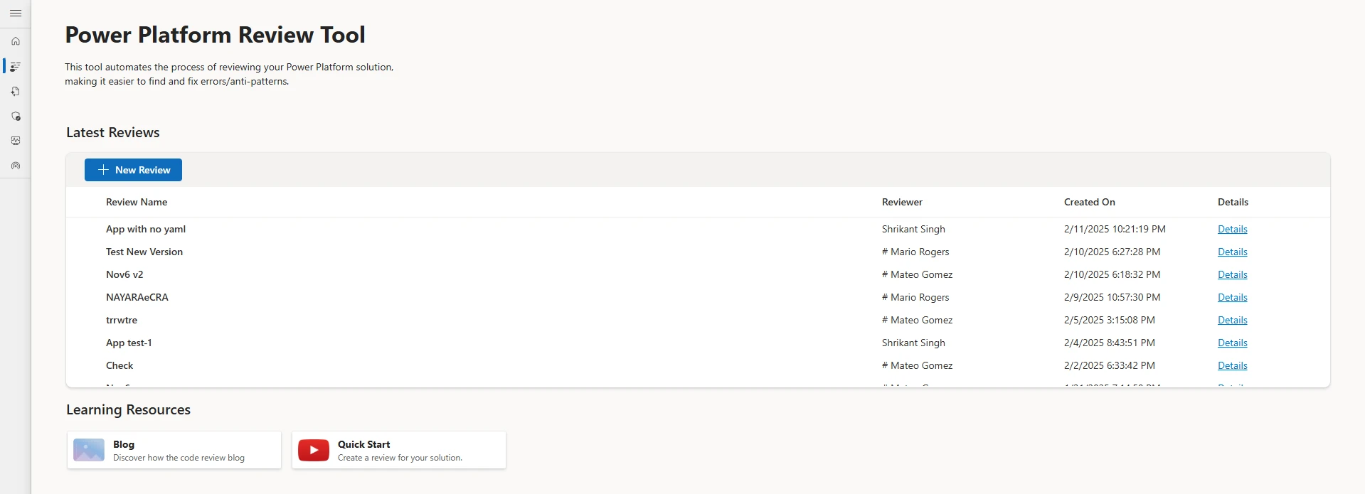 Feature landing screen for the Power Platform review tool listing previous reviews