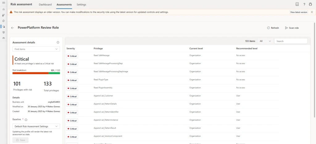 Risk assessment review screen to view scan results
