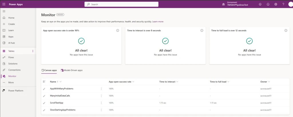 Image of the full Monitor page with alerts and a list of Power apps.  Clicking on a Power app opens a drawer from the right which has detailed metrics over time. 