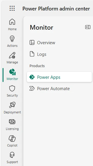 Power Apps Admin Center (PPAC) Left nav bar with new Monitor pivot. 