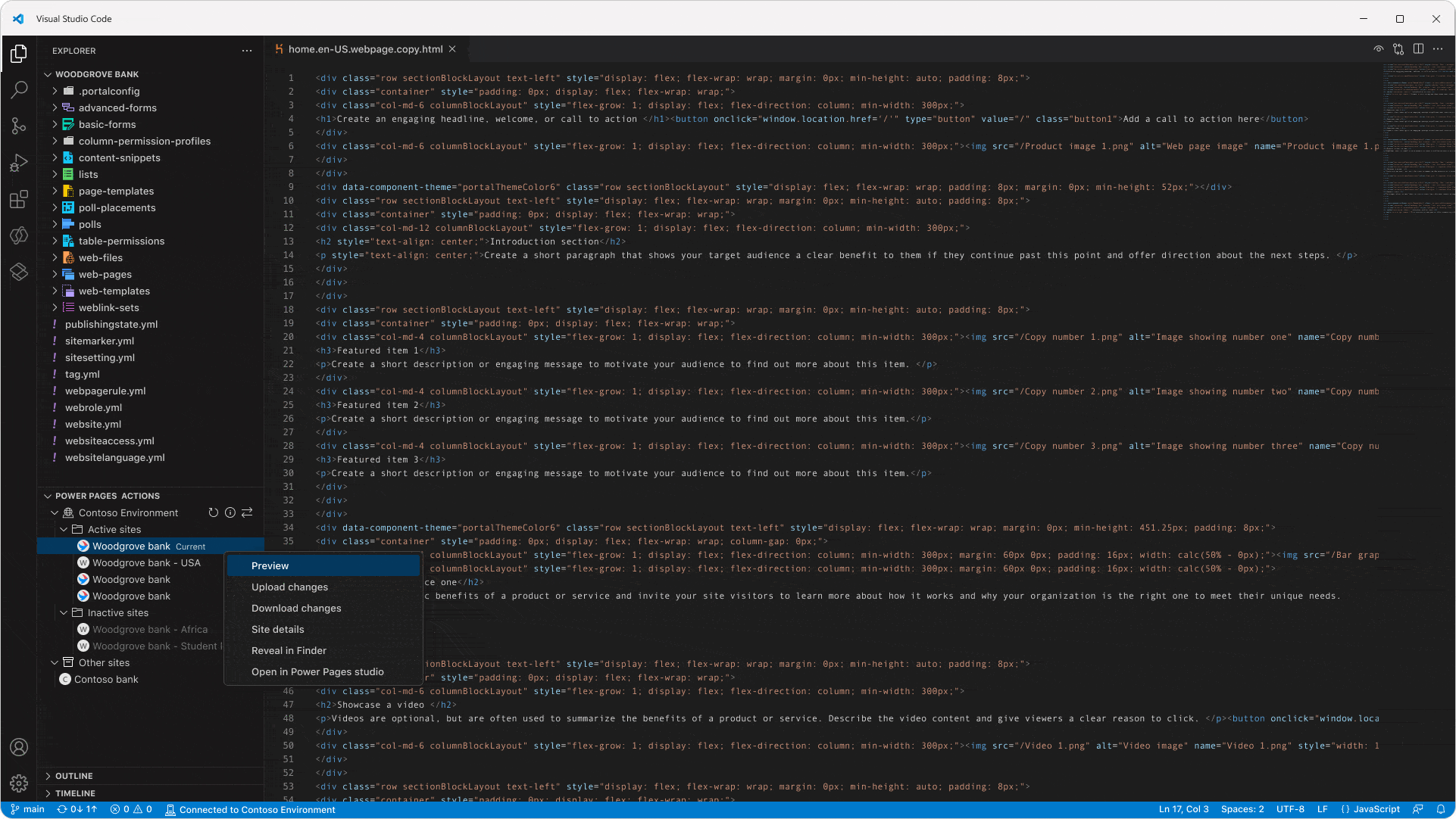 A GIF displaying inline portal preview in Visual Studio Code.