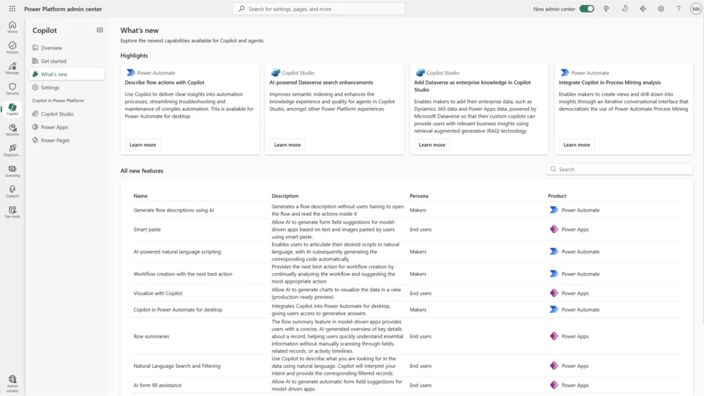 Screenshot of Copilot hub in Power Platform Admin Center