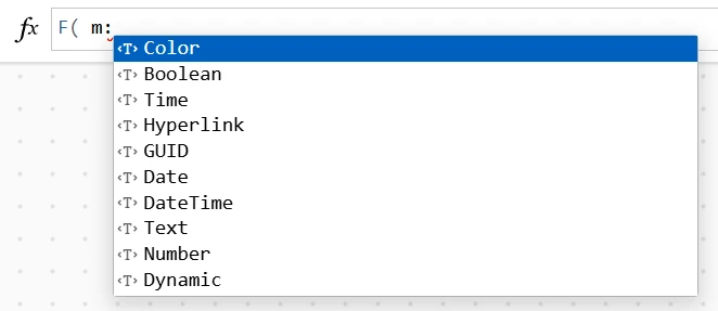 Data types available for UDF parameters include Color, Boolean, Time, Hyperlink, GUID, Date, DateTime, Text, Number, and the new Dynamic