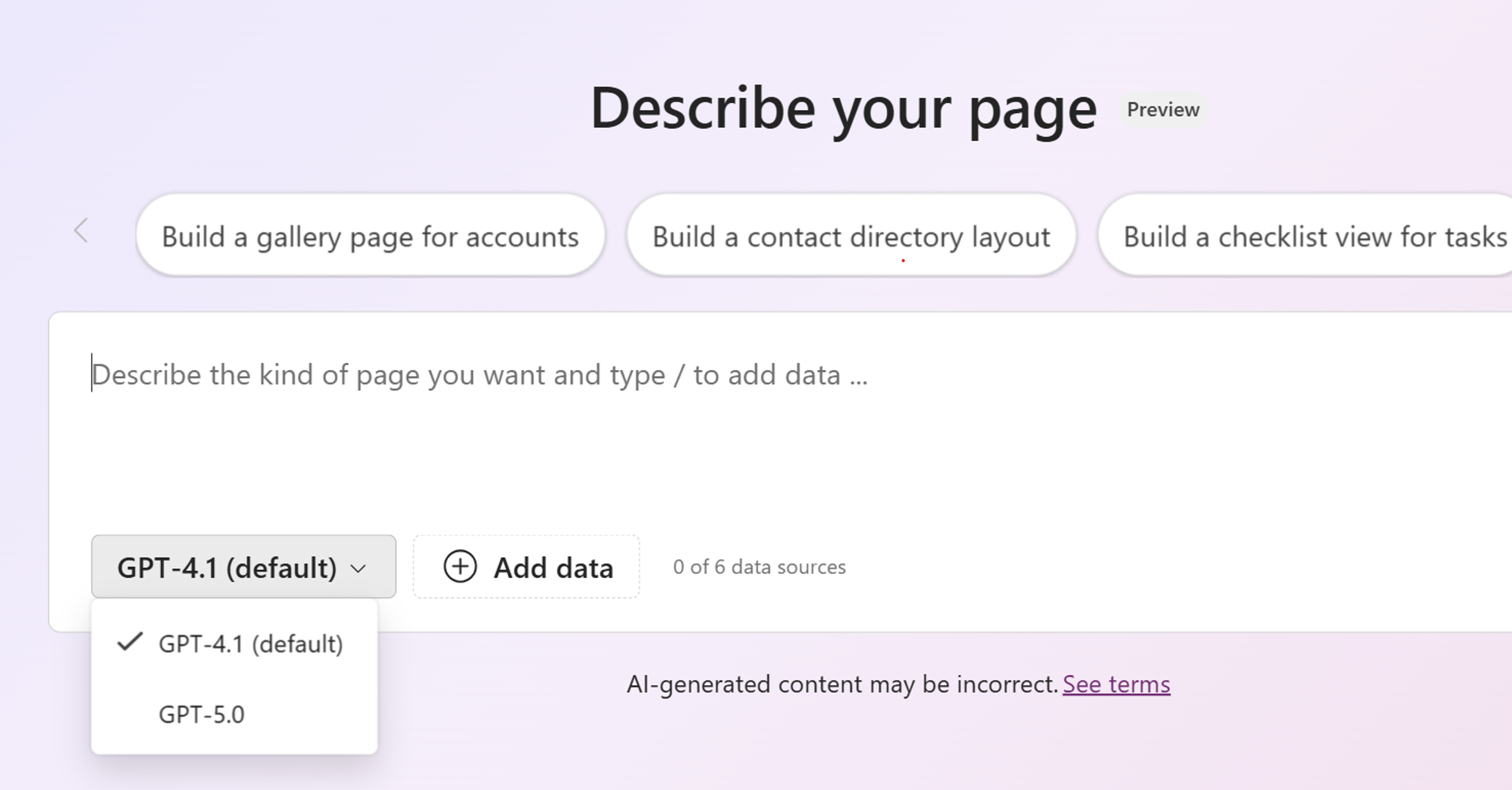 Pick the model you want to use when generating your page.