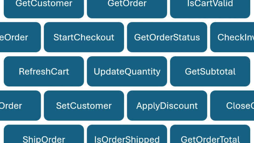 Set of function names for a possible order entry system, including GetOrder, OrderTotal, SetCustomer, and other function names.