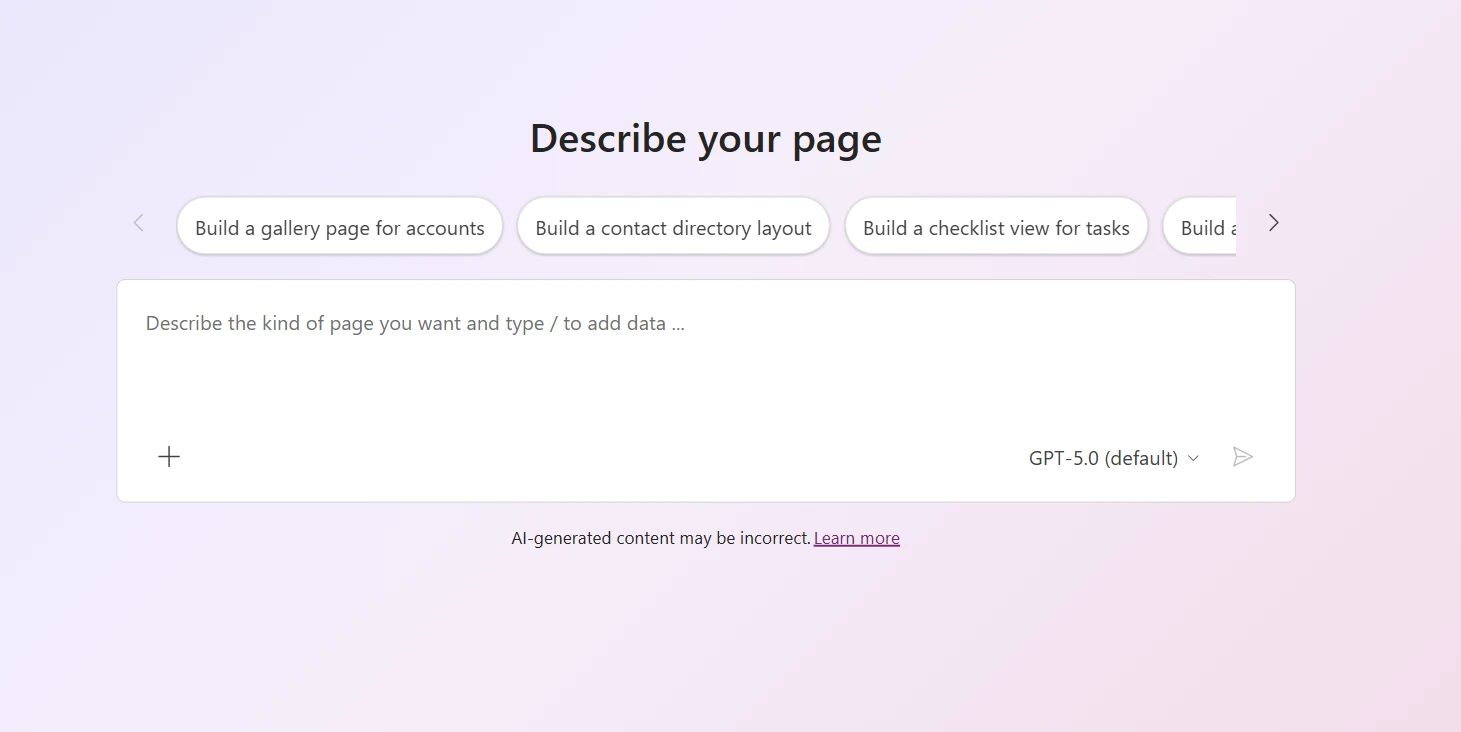 Generative pages screenshot prompting to "describe your page"