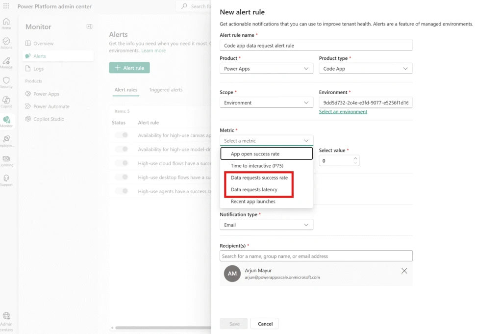 Alerting and Data Metrics Now Available for Code Apps in Power Platform Monitor image
