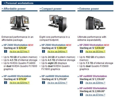 Screenshot of an HP product comparison page showing changed prices highlighted in yellow.