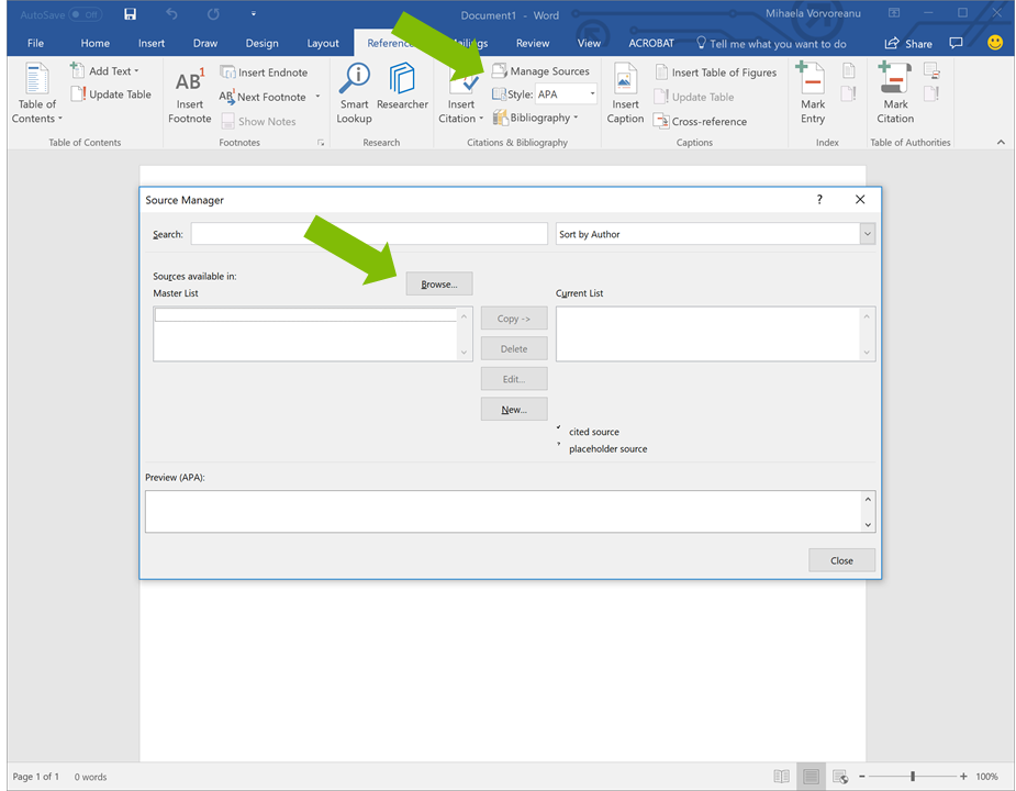 screenshot of Manage sources window in Word