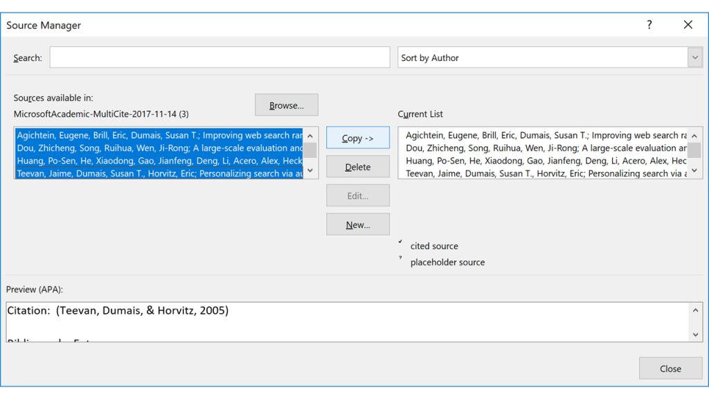screenshot of manage sources window in Word