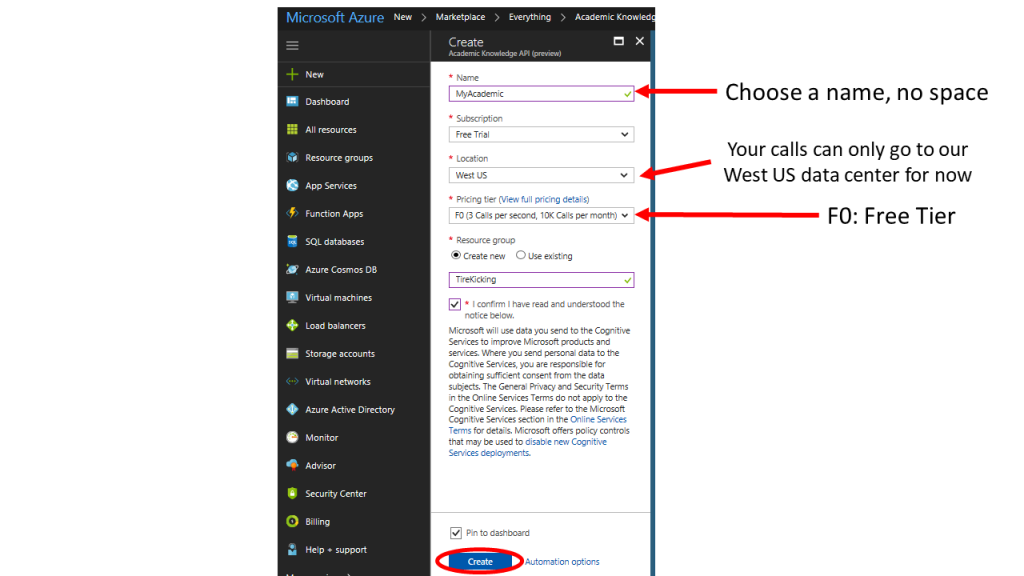 Name your dashboard, and select location West US and Pricing tier F0 (free)
