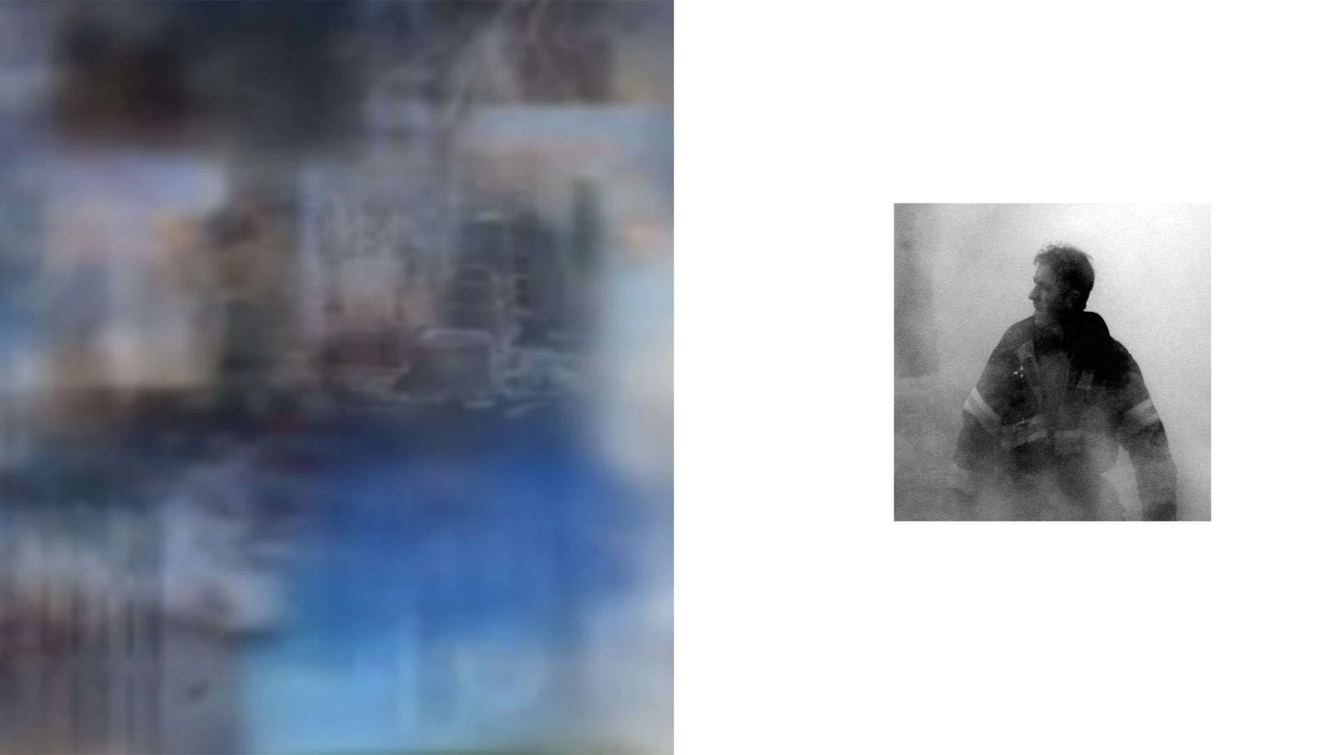 Artist Maja Petrić used machine learning algorithms to create this sky graphic, shown alongside a portrait of a fireman