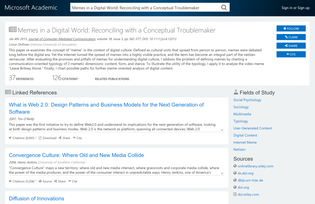 Screenshot of paper detail page showing title Memes in a Digital World: Reconciling with a Conceptual Troublemaker and abstract