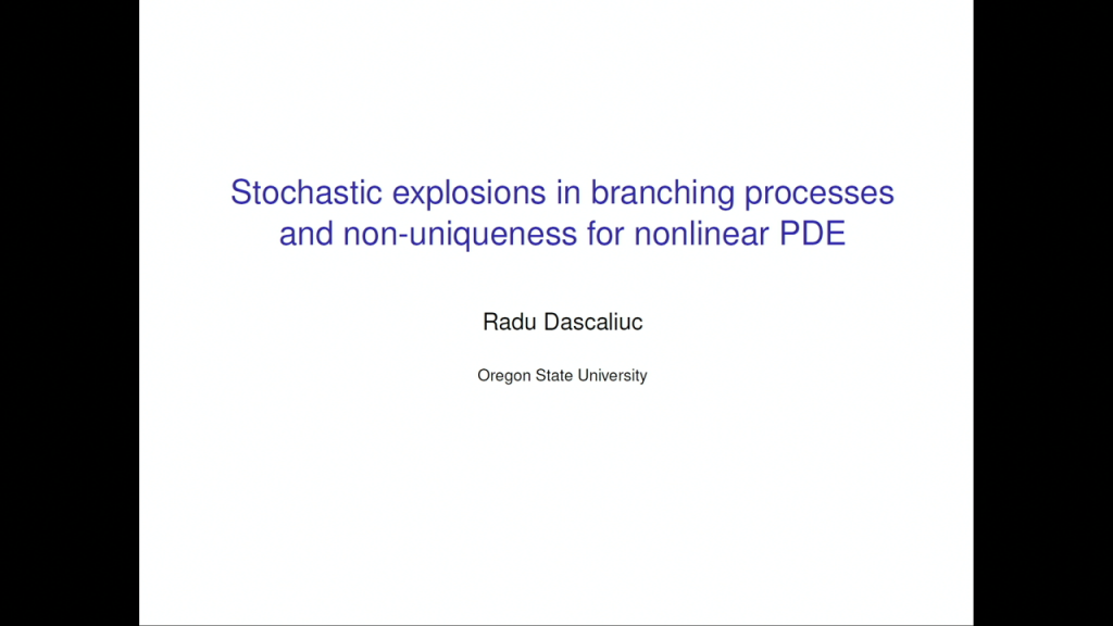 The 20th Northwest Probability Seminar: Stochastic Explosions in Branching Processes and Non-uniqueness for Nonlinear PDE