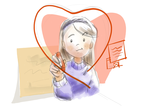 A woman draws a red shaped heart around her face