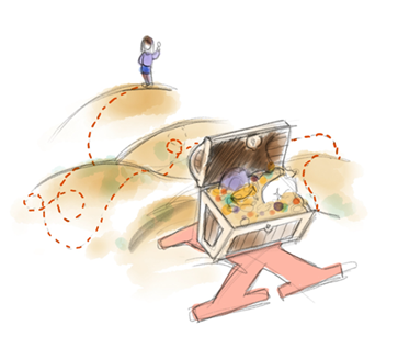 A woman follows a dotted line to a treasure box