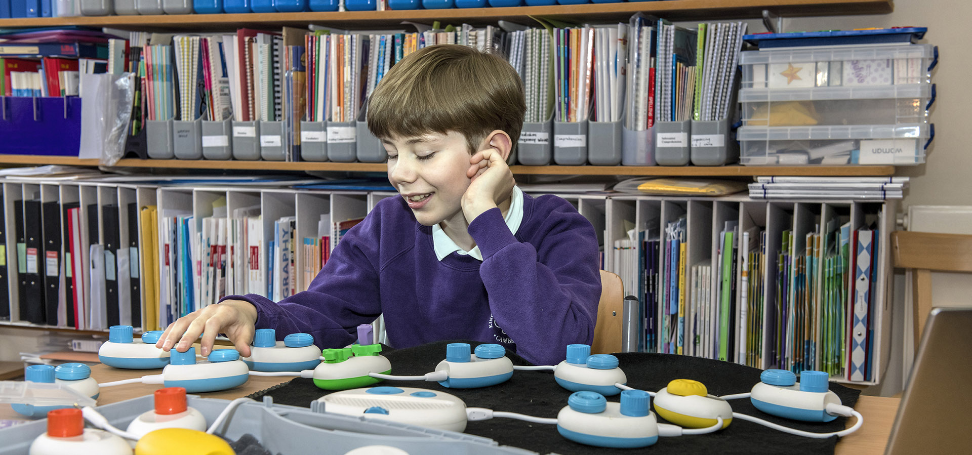 Theo Holroyd demonstrates a program he created with the technology behind Code Jumper. Photo by Jonathan Banks.