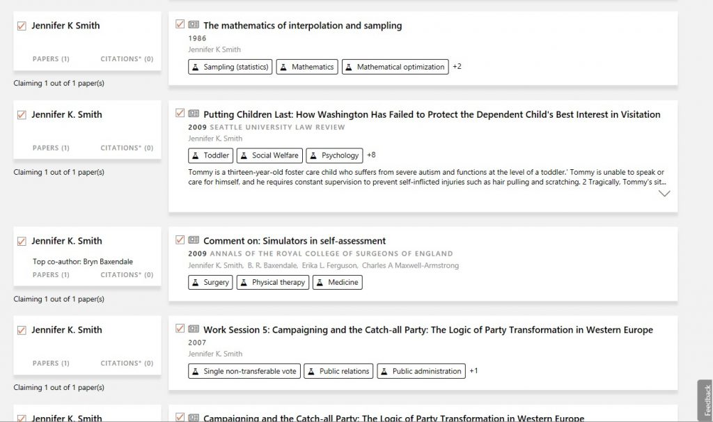 Screenshot of Microsoft Academic selected papers display