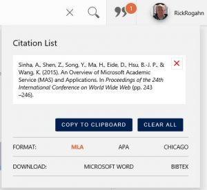 Screenshot of Microsoft Academic citation list